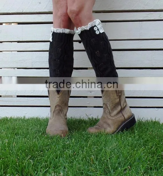 Women's Crochet Knit With Button Leg Warmers Lace Trim Cuffs Boot Socks