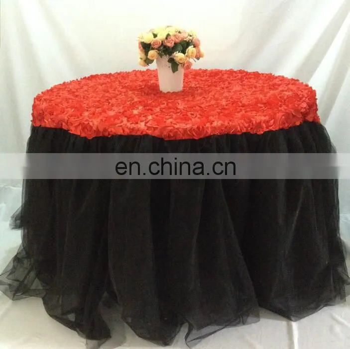 China Factory Latest Design Red Rosette Black Tulle Table Skirt Designs