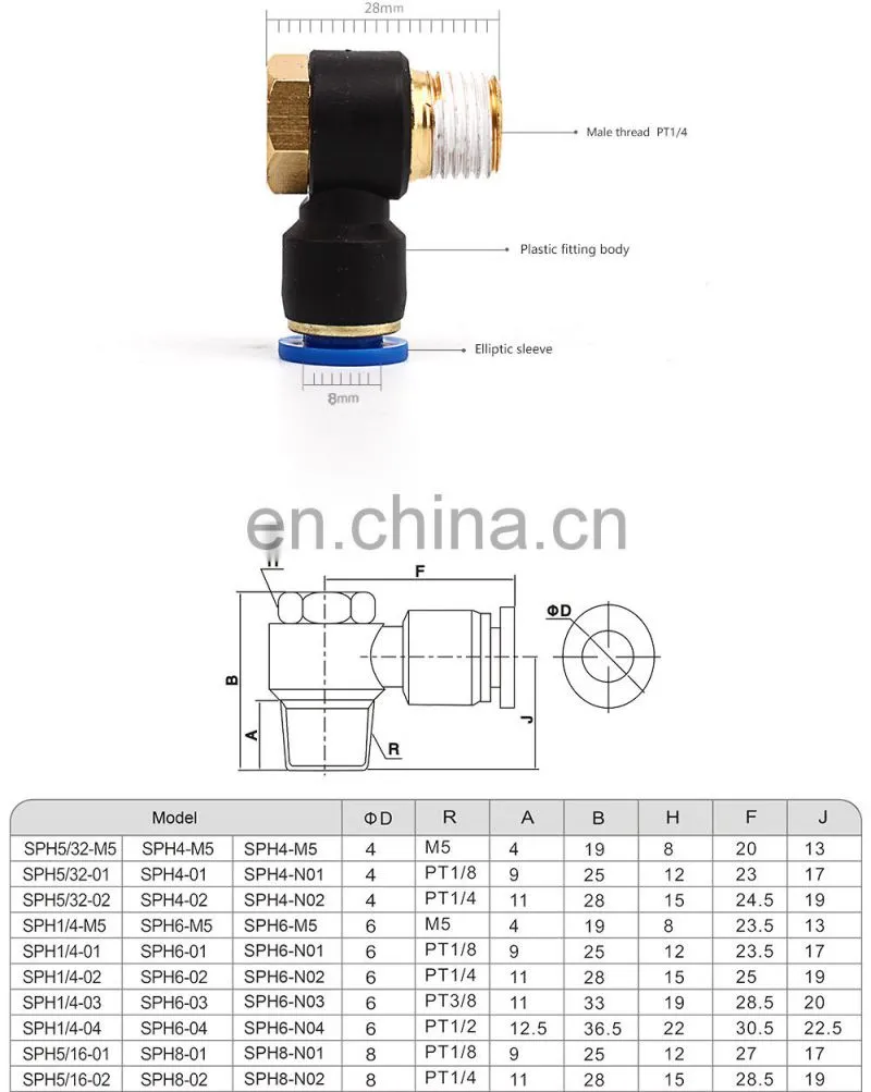 SNS SPH Series pneumatic 90 degree elbow male thread push to connect pipe fittings quick tube joints