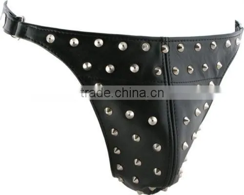 New Mens Sexy Black Leather Briefs With True Metal Chain Gay / Fetish S/M