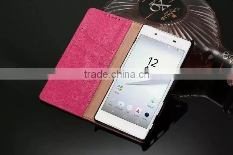DLS Litchi Grain Genuine Leather Flip Case for Sony Z5 Plus Wallet Cover Case with Card Slot MT-5195