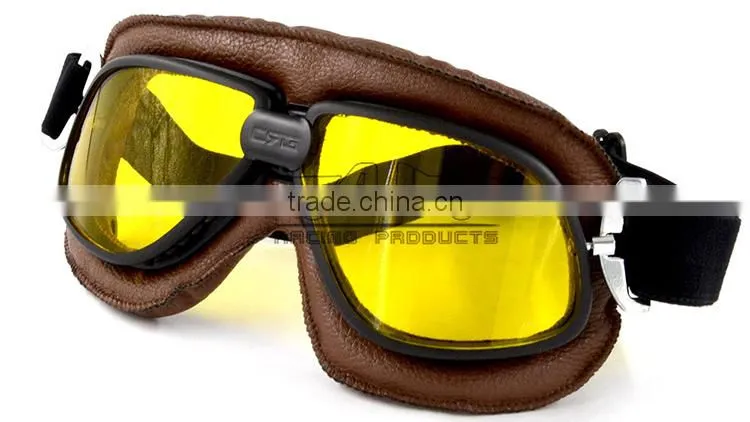 BJ-GT-009 Scratch Resistant Lens Yellow Lens Leather Motorcycle Goggles