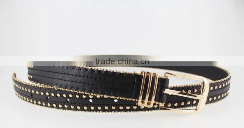 Women's Fashion Gold metal studded PU black leather jeans belt with double bean chian