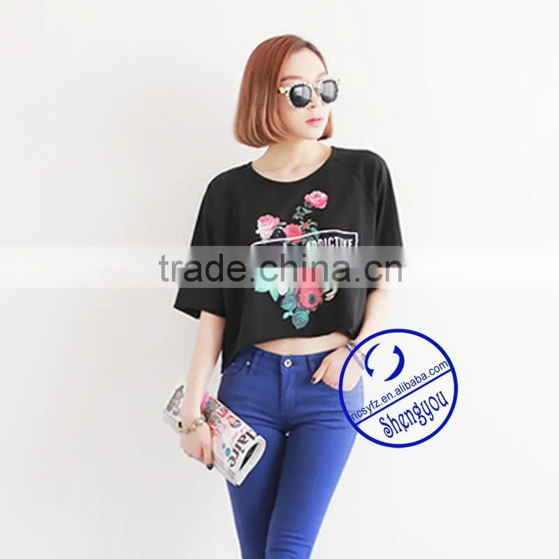 2015 fashion custom cotton printed batwing sleeve t shirt