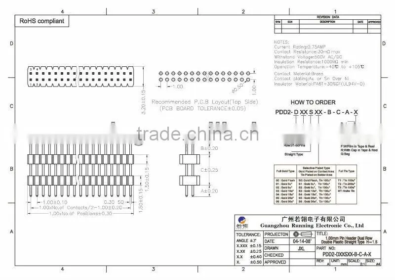 2 Row Double Plastic Straight Type Pin Header 1.0mm Insulator Height=1.5