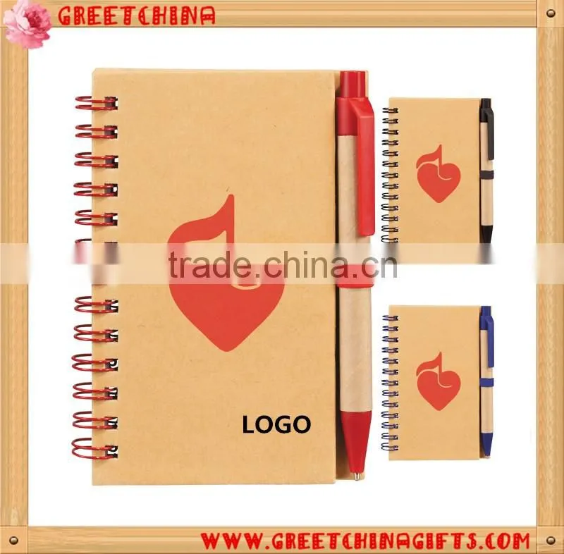 Cheap spiral kraft paper notebook with pen