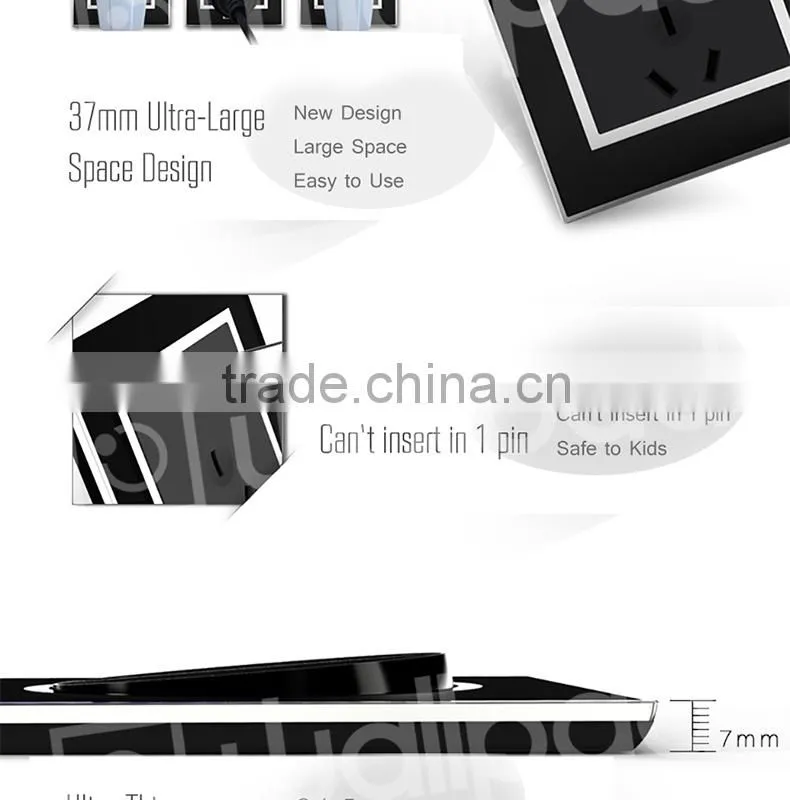 Best Selling Wallpad Black Waterproof Acrylic Glass 110~250V EU UK 3 Gang 2 Way Electric Power Supply Push Press Button Switch