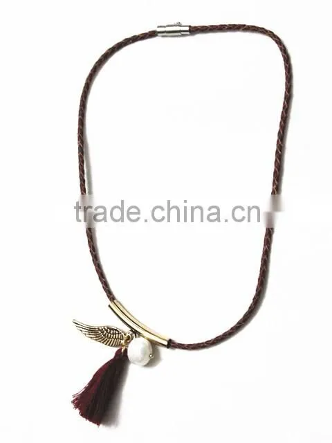 PU rope necklace with metal ball chain pendant necklace
