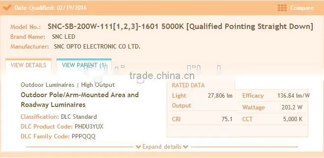 UL DLC Certification and Magnesium Alloy housing 200w led outdoor parking lot lighting