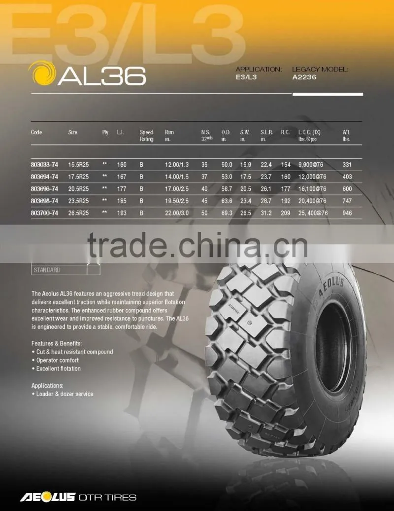 Wheel Loader OTR Tyres Tires 17.5R25 20.5R25 23.5R25 26.5R25 29.5R25 Aeolus Tyres China Pattern E3, L3, AL36