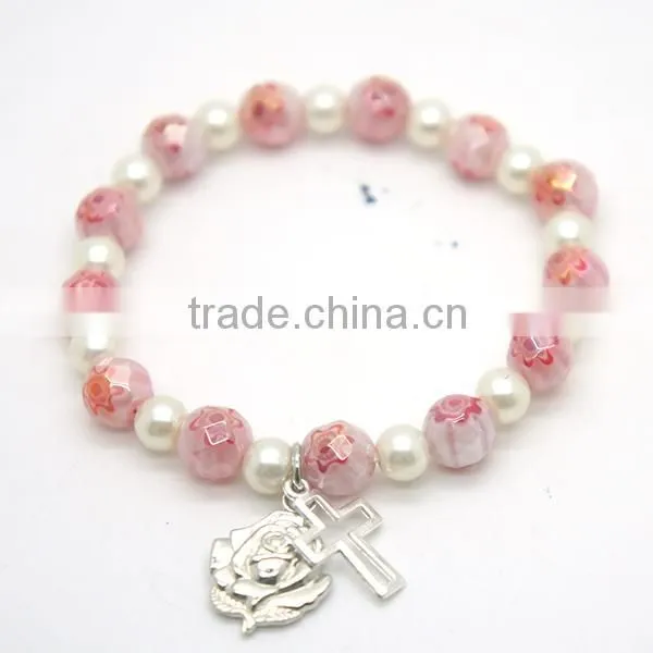 Handmade bracelet chain with 8 mm faceted round beads and hollow-out cross