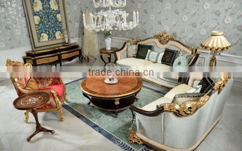 European Noble Solid Wood Gold Leaf Living Room Furniture Set With Cushions(MOQ=1 SET)