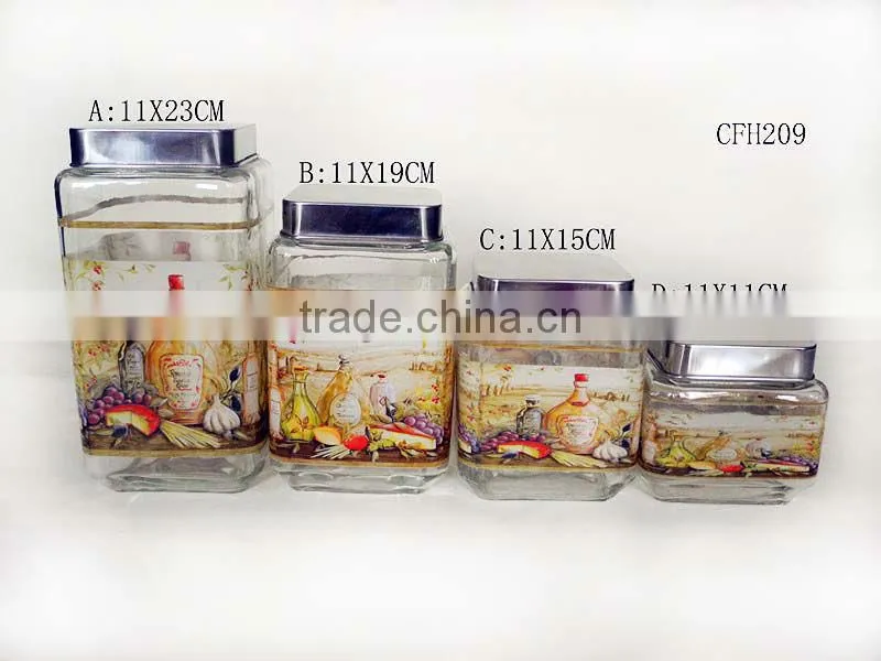 wholesale square china glass storage container with chinese style decal