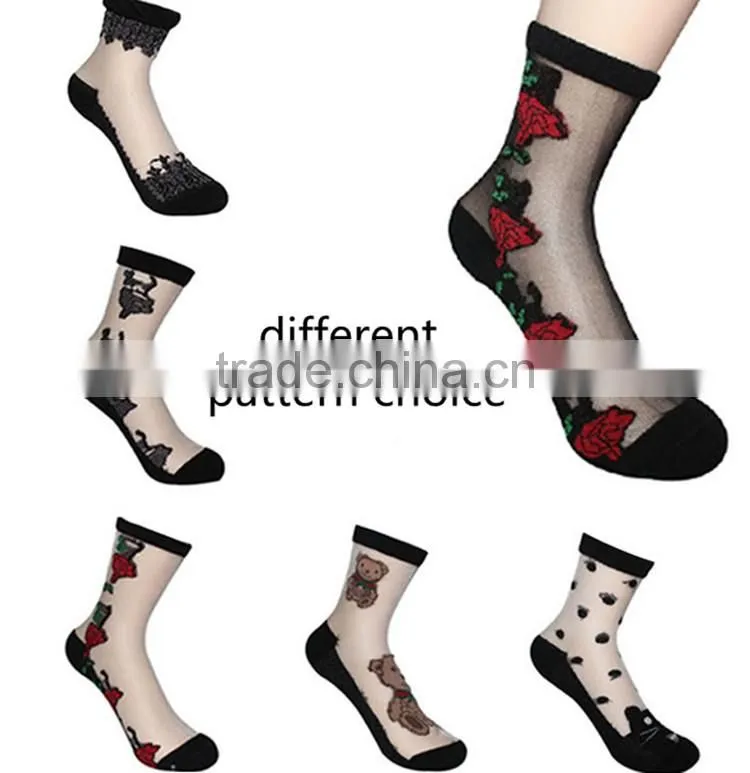 Hot sales Colorful Ultrathin Transparent Beautiful Socks Calcetines Pink Elastic Sock for Womens Crystal Lace Short Women sock