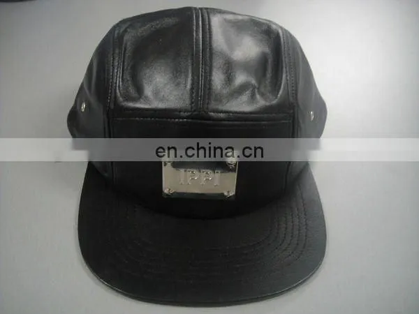 hot sale black custom leather trap leather 5 panel cap