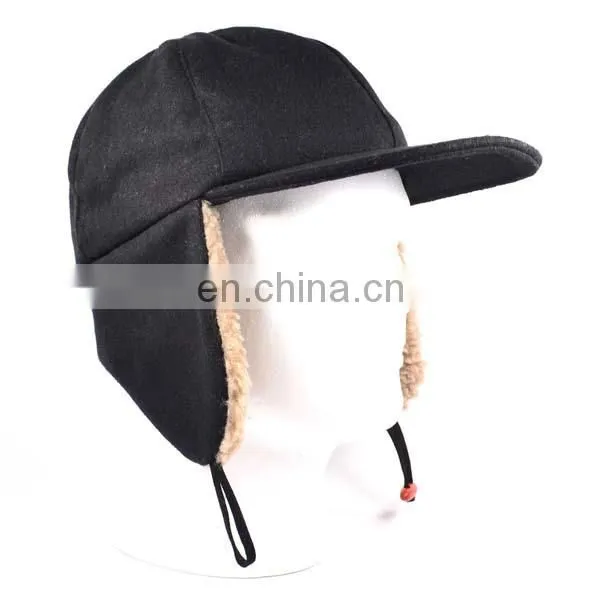 Custom Flat Brim Baseball Cap With Ear Flaps Fashion Men Black Snow Cap