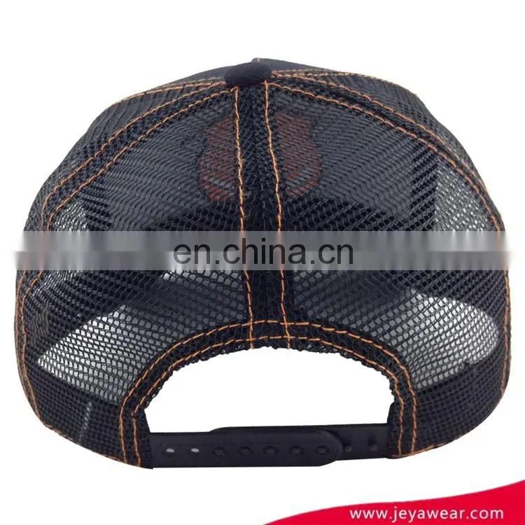 Dongguan factory high profile trucker hat 5 panel black 100%cotton baseball cap with lion embroidery