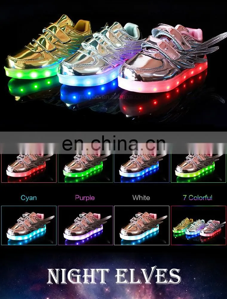 Wholesale hot sell Mirror-PU leather Led light up kids Wings shoes Children Led shoes sneakers with USB rechargeable