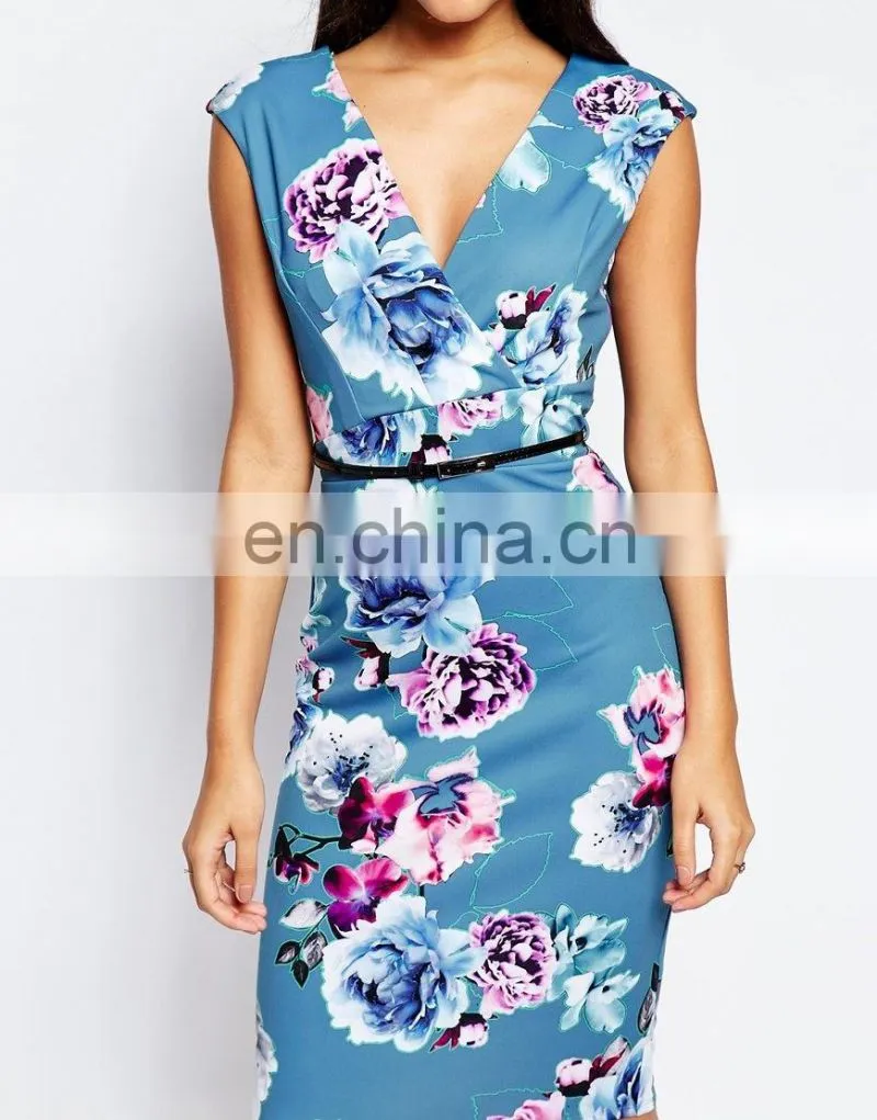 Hot sale V-neckline floral print pencil dresses for women Knee length evening dress