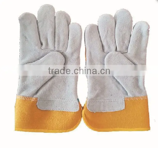 cow split leather glov full palm/ leather working gloves yellow / leather gloves using as short welding gloves industrial gloves