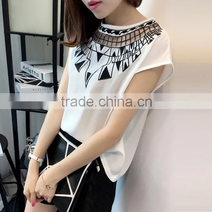 Latest Short Sleeves Hollow-out Embroidery Black Chiffon Blouse 2015