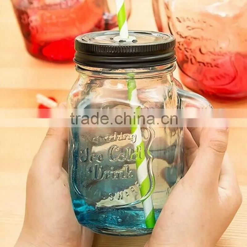 Hot selling products of glass drink pump lid 480ml colorful glass mason jar with handles wholesale