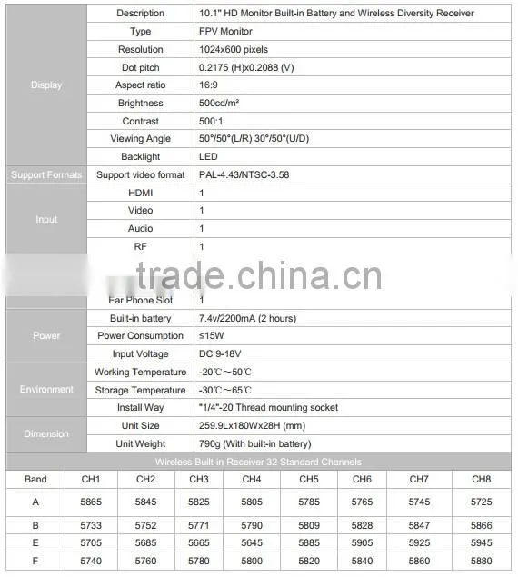 10.1" Monitor for DJI Phantom 2 Quadcopter and Features with 5.8GHz 32CH Dual AV Receiver