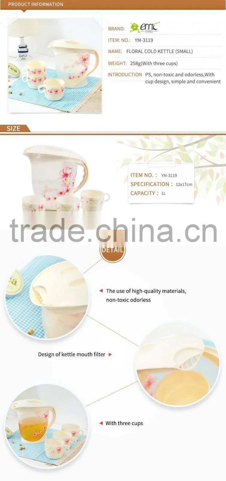 hot and cold water /juice/tea bottle with cups sets cold kettle plastic water bottle
