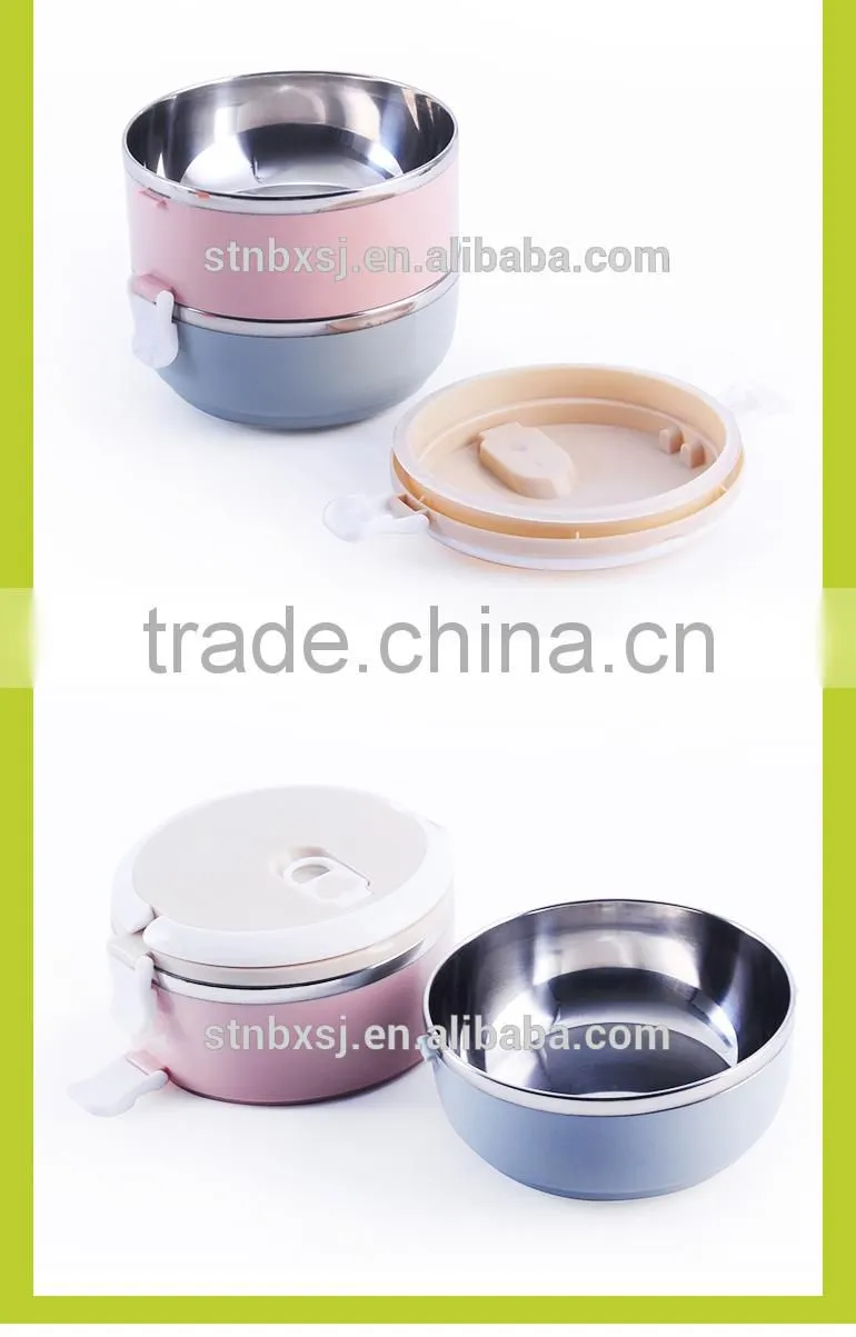 1.4L Two Layers Round Shape Heated Bento Stackable Stainless Steel Lunch Box