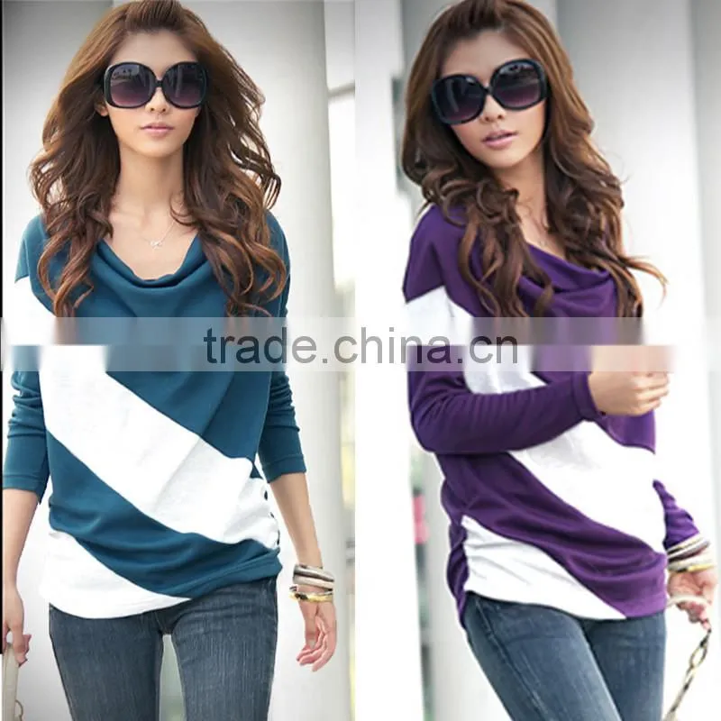 Fashion Women 2015 Clothes Spring Bat Sleeve Stitching Long Sleeves T-shirts Patchwork Stripe Casual Tops Blouses