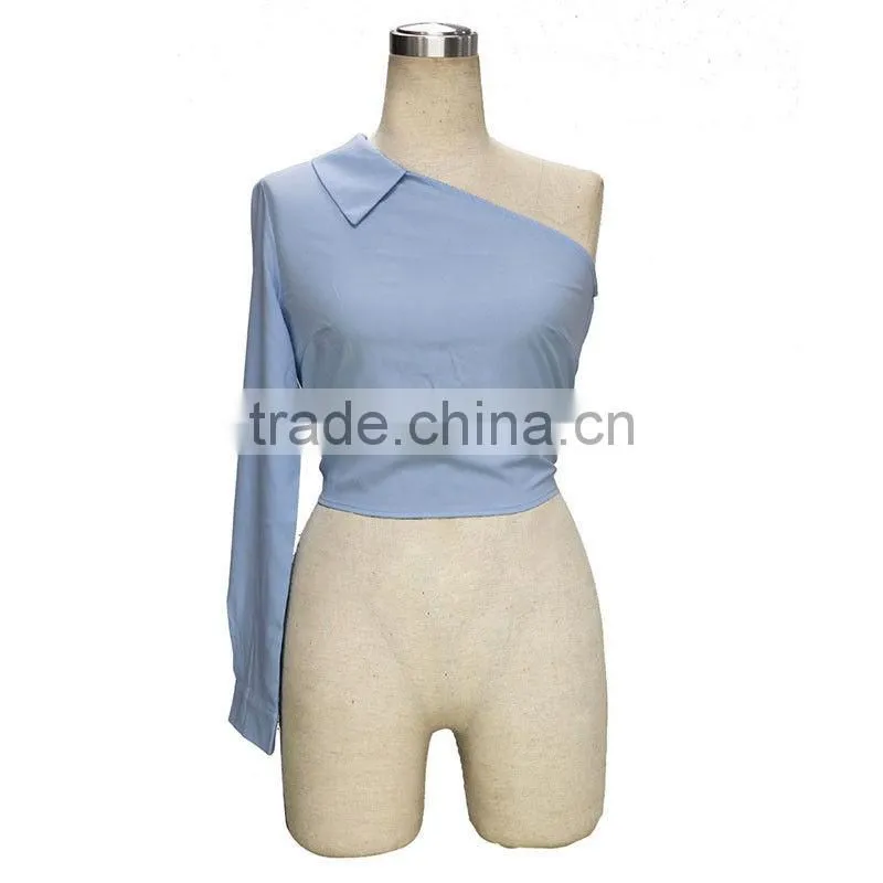 Women Long Sleeve Cropped One Off Shoulder Mini Casual Summer Tops
