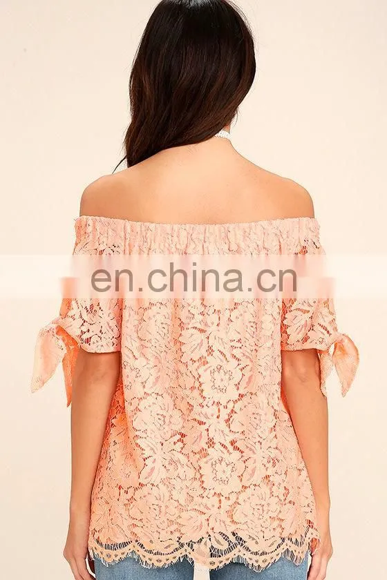 Women New Top Design Lovely Short Sleeve Off-the-Shoulder Peach Lace Top