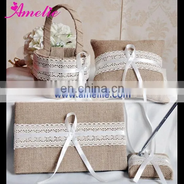 Burlap Wedding Guestbook and Pen Holder Set with Lace