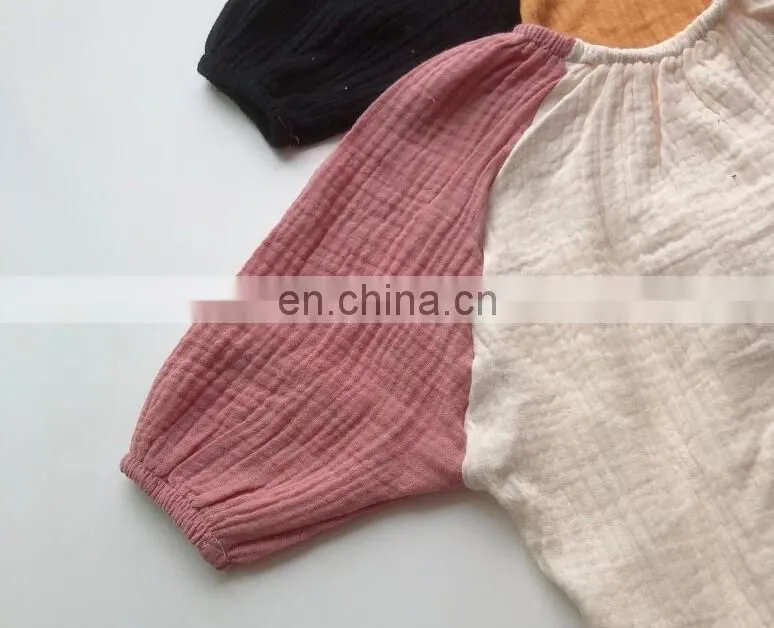 Casual long sleeve baby rompers contrast color linen baby jumpsuit