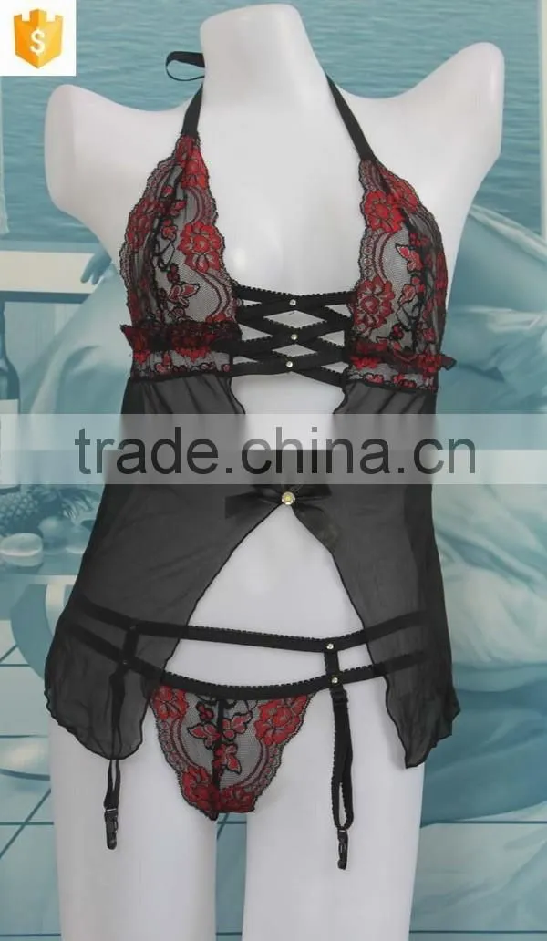 2016 sexy back bandage Chinese lace silk babydoll dress lingerie