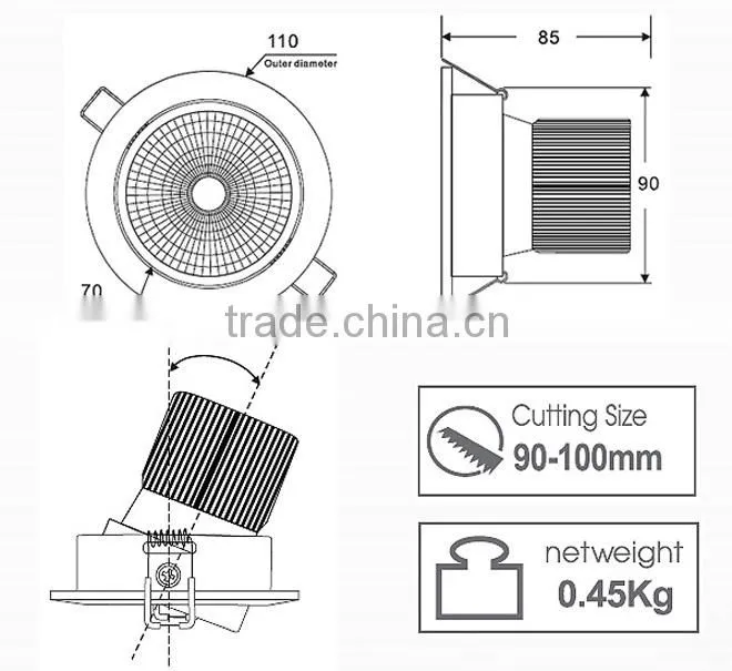 High power dimmable 10w cob led downlight