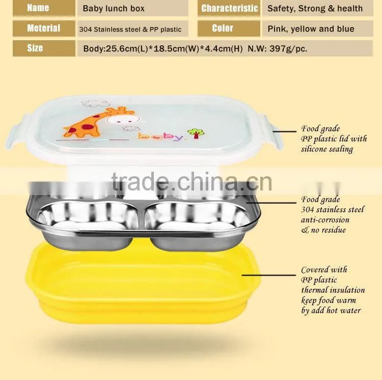 stainless steel square insulated food packaging lunch box with pp plastic cover for children