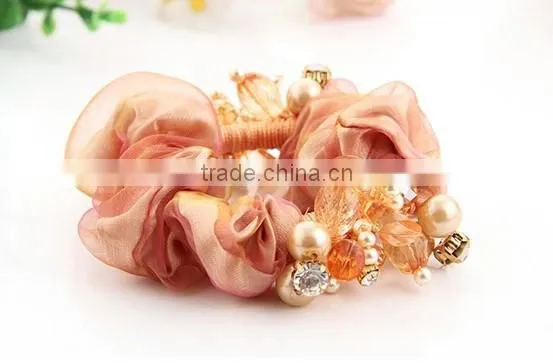 High-end hair headwear Soft double color bead curtain rose hair rope hair bands Elastic