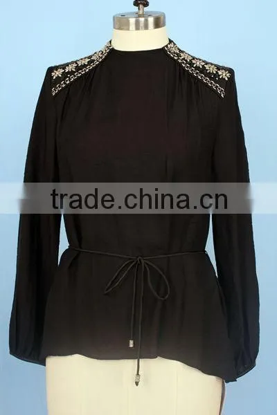 2016 women wear beaded shoulder chiffon long sleeve blouse tops blouse with waistband