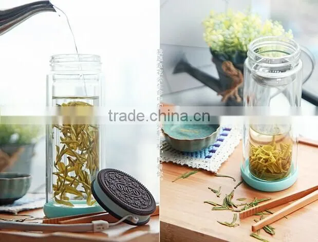 double wall borosilicate glass water bottle PP material with strainer