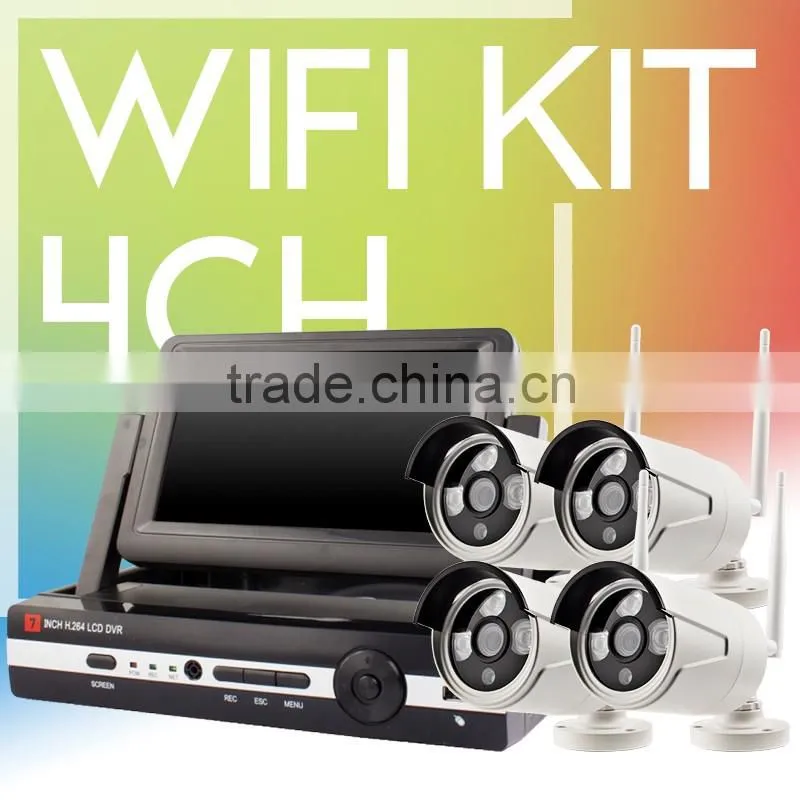 Vitevison H.264 wifi NVR Kit 4 Channel HD Wireless Outdoor Camera Security System with 7 inch Display Screen