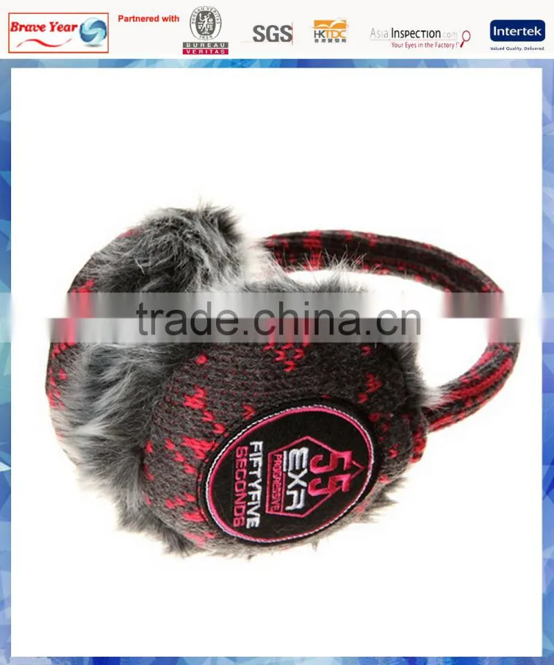 pink and grey fairisle knitted foldable earmuffs with applique