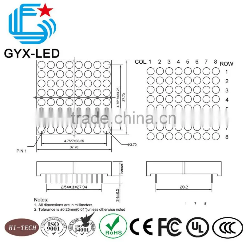 Rohs compliant red and green bi color 8*8 dots LED dot matrix display