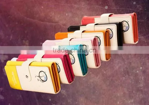 2015 hot selling handmade leather wallets with bicycle printing design for woman