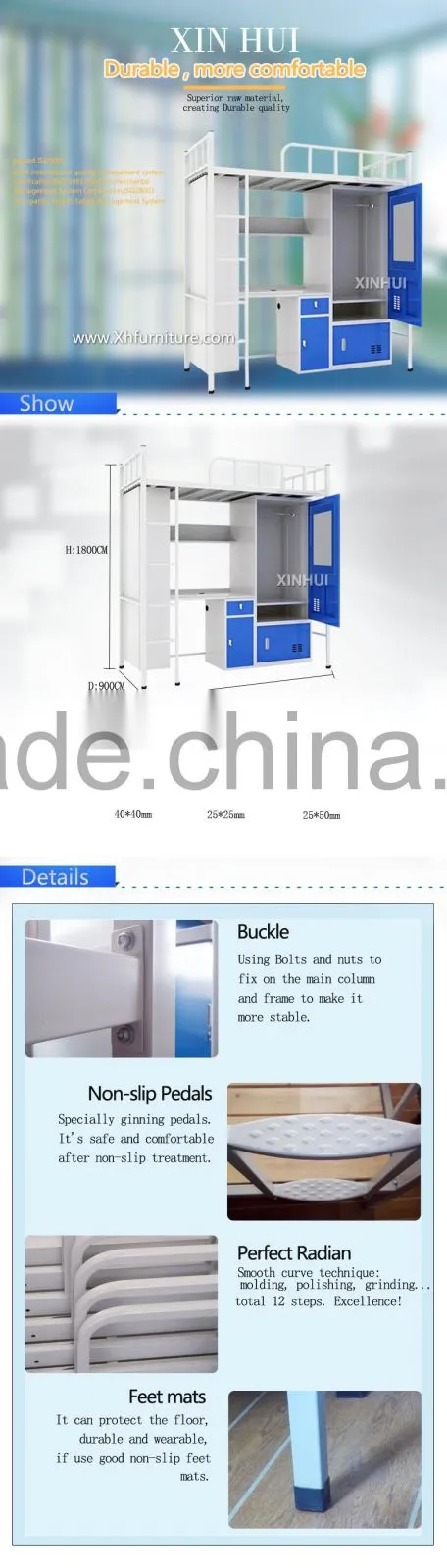 High Quality metal bunk bed with desk and wardrobe