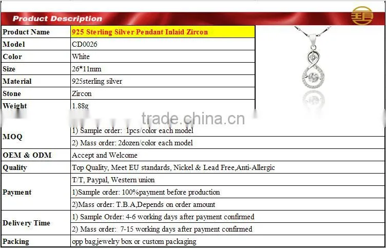 Hot sell cubic zirconia pendant, silver jewelry online Wholesale Made in China