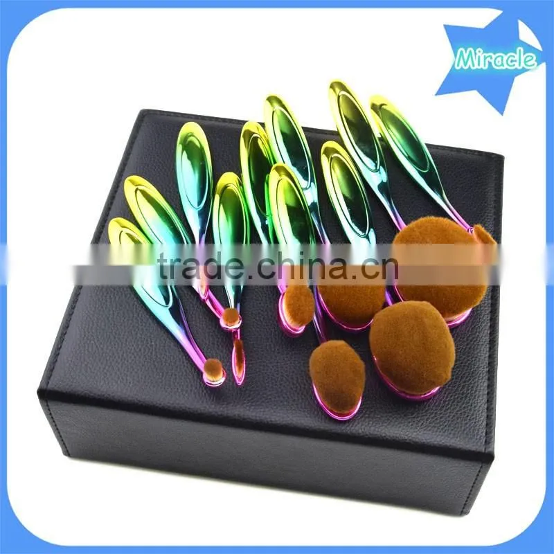 2016 Hot 10pcs rainbow color privalte label oval multi-purpose makeup brush with make up brush box