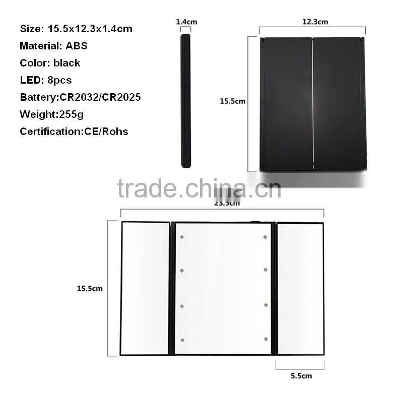 Travel Mirror, Tri-Fold Lighted Led Mirror / Lighted Travel Mirror