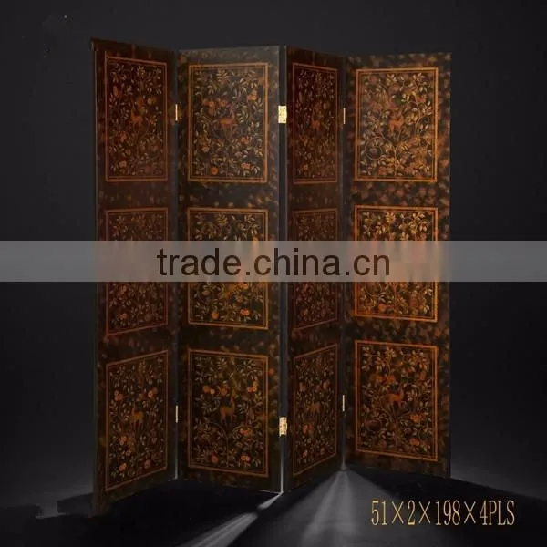 Traditional Hand Painting Three Door Folding Screen, Retro Furniture Decorative Wooden Floor Screen With Crackle