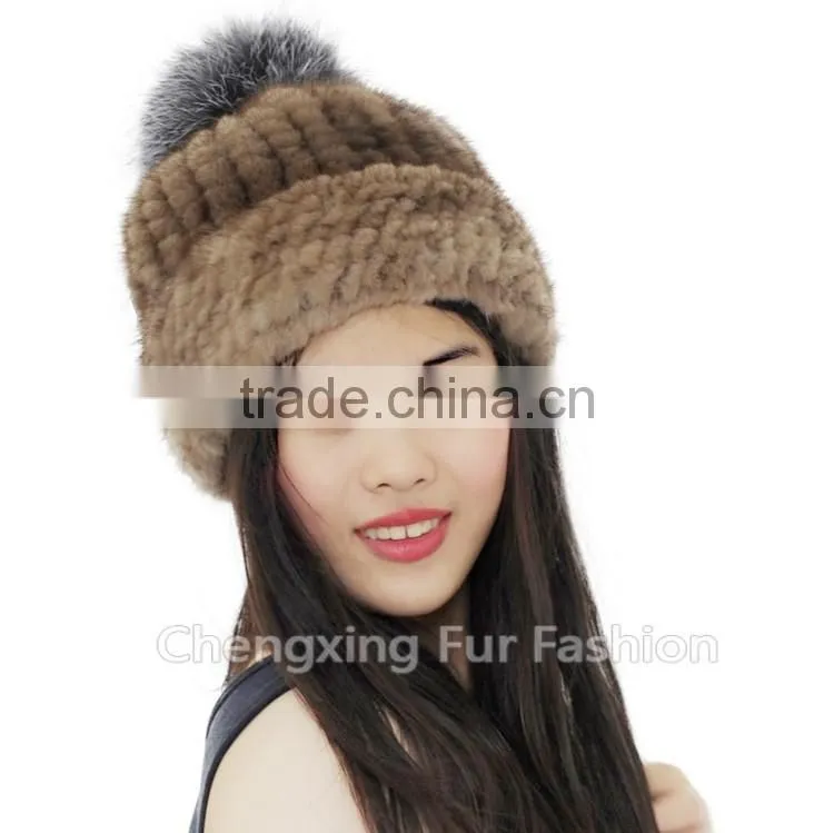 CX-C-239N Women Knitted Real Mink Fur Hats With Fox Fur Pom Pom